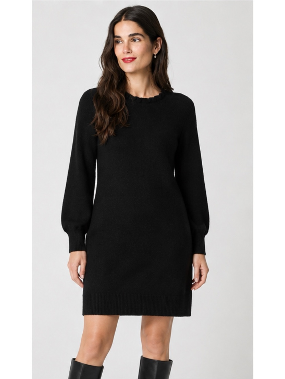 J.Crew Ruffle Neck Sweater Dress Womens Large Soft Knit Long Sleeve CP557 Black